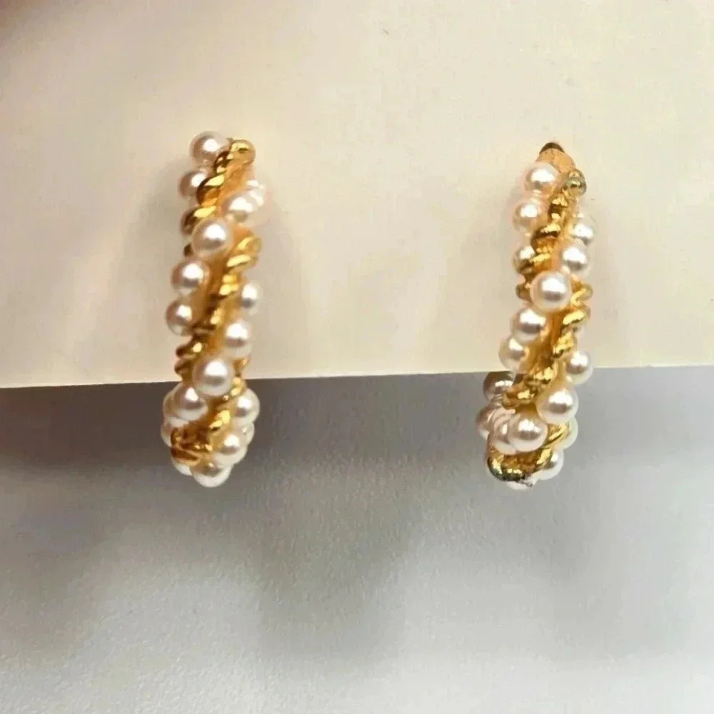 Gold Pearl Half Circle‎ Hoop Dangle Hook Earrings E11